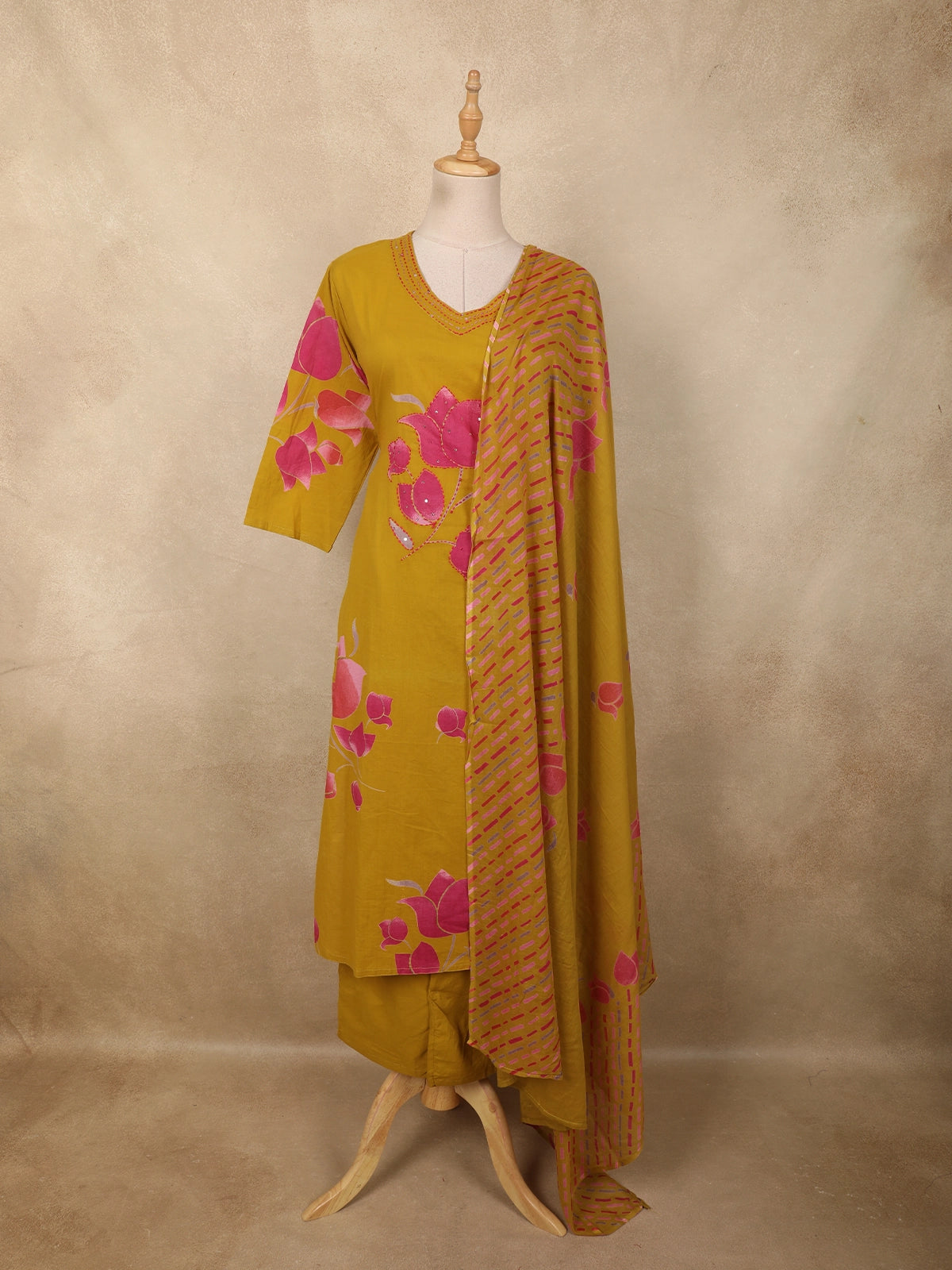 Mustard Yellow Floral Printed Design Cotton Straight Cut Salwar Suit with  Dupatta | Diadem