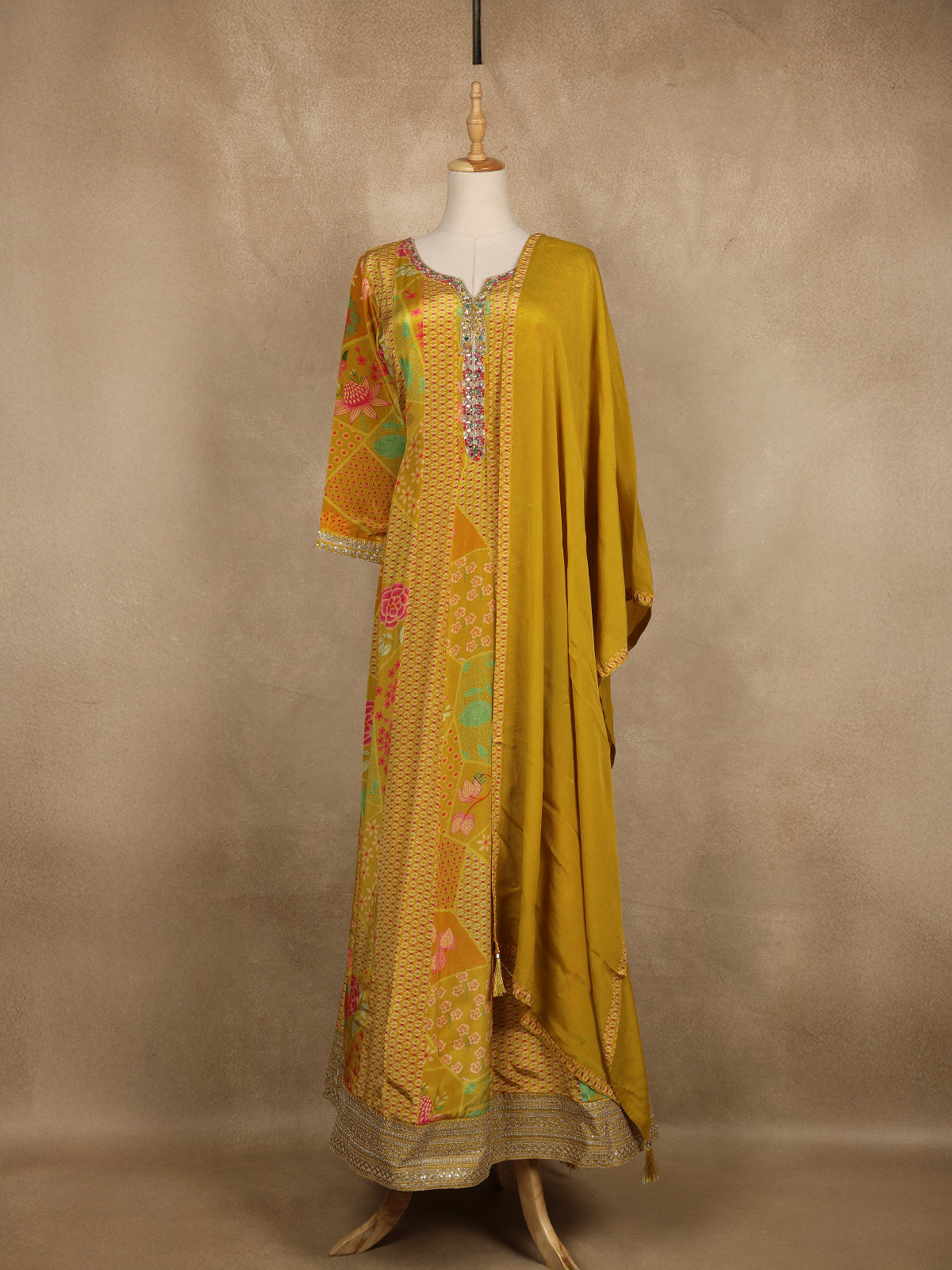 Mustard Yellow Floral Printed Design Crepe Gown