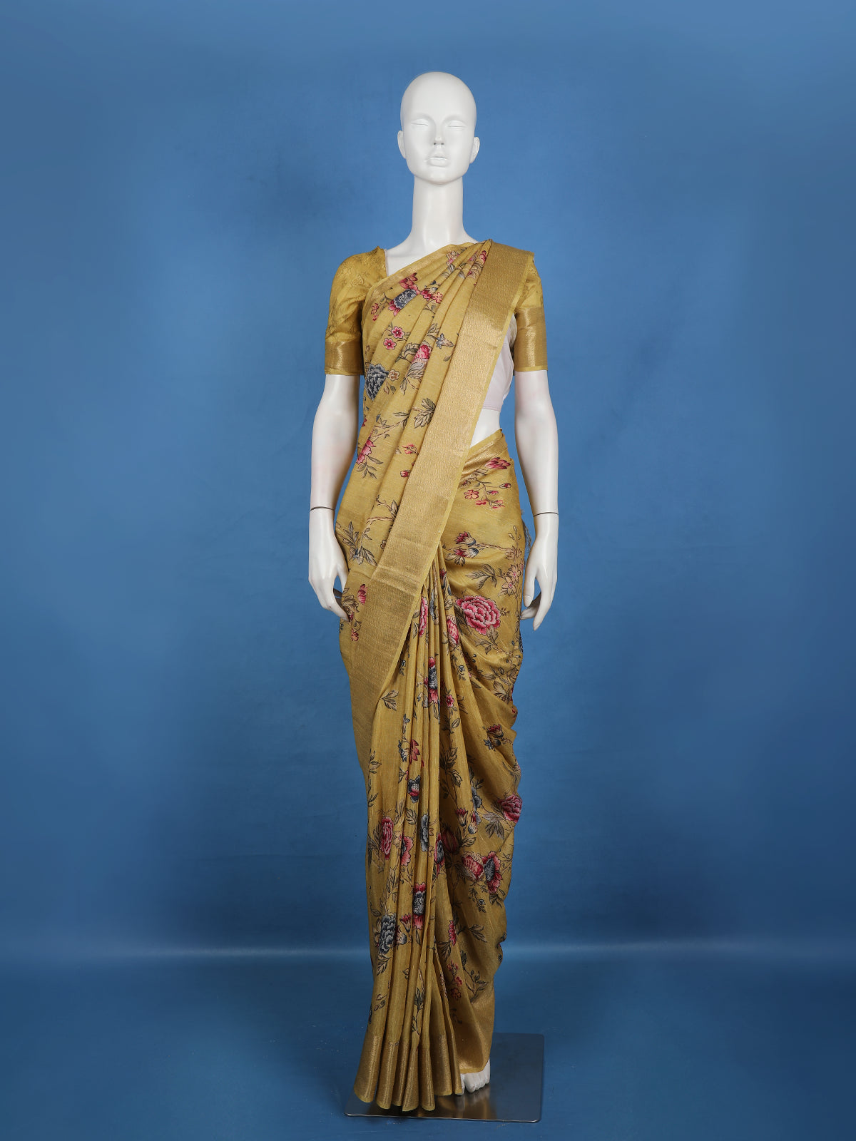 Mustard Yellow Floral Printed Semi Tussar Saree