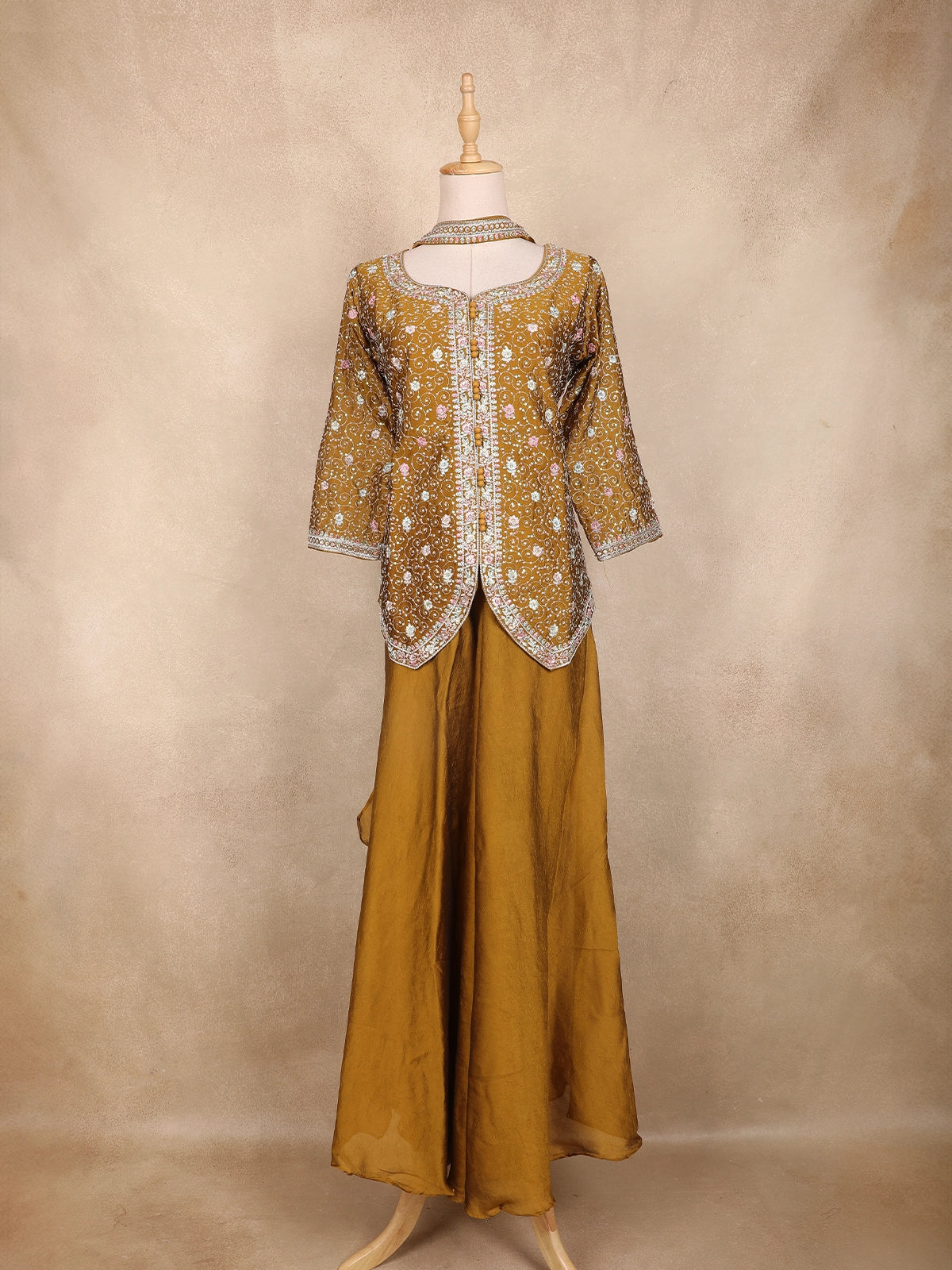 Mustard Yellow Floral Thread Embroidered Semi Silk Palazzo Suit with Dupatta