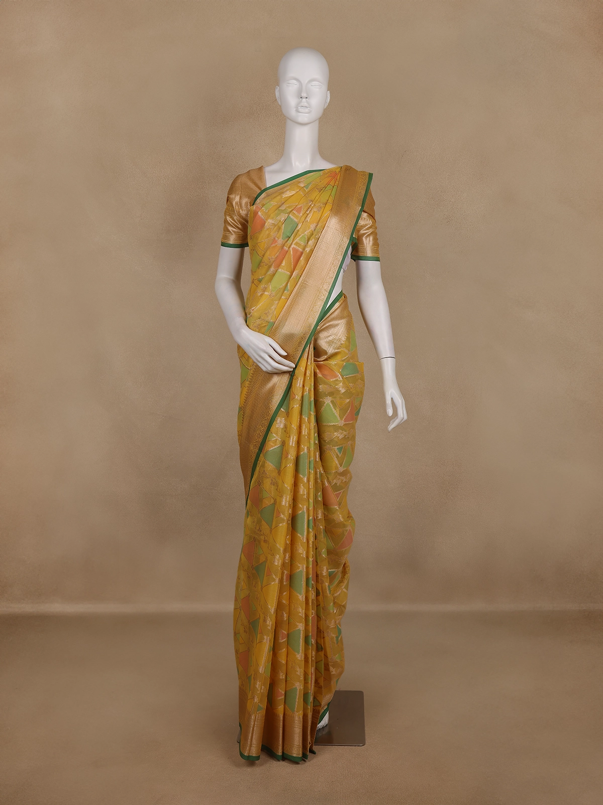Mustard Yellow Geometric Printed Design Tissue Silk Saree