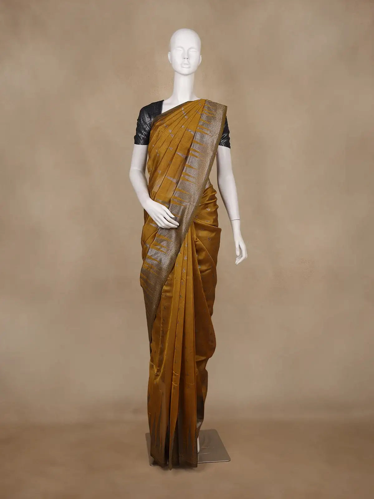 Mustard Yellow Geometric Woven Kota Cotton Saree - Diadem