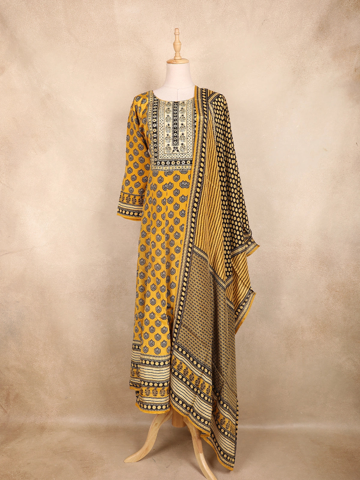 Mustard Yellow Kashmiri Floral Printed Design Crepe Straight Cut Salwar Suit with Dupatta
