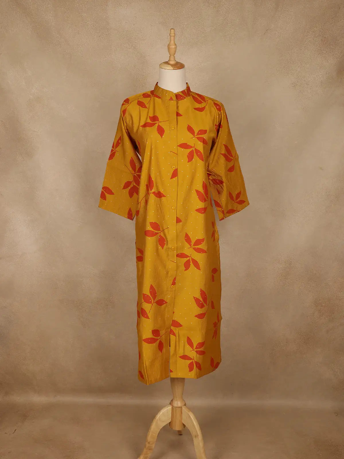 Mustard Yellow Leaf Design Printed Cotton Kurti - Diadem