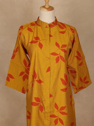 Mustard Yellow Leaf Design Printed Cotton Kurti - Diadem