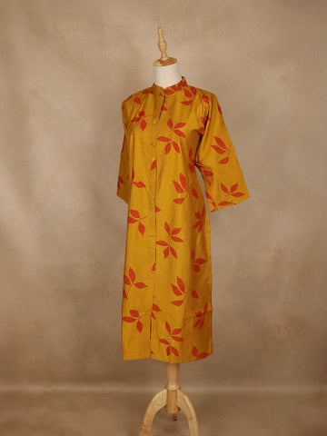 Mustard Yellow Leaf Design Printed Cotton Kurti - Diadem
