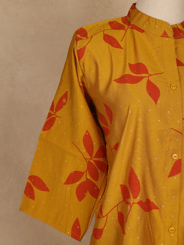 Mustard Yellow Leaf Design Printed Cotton Kurti - Diadem