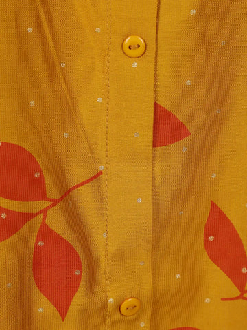 Mustard Yellow Leaf Design Printed Cotton Kurti - Diadem