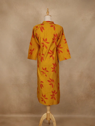 Mustard Yellow Leaf Design Printed Cotton Kurti - Diadem