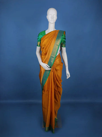 Mustard Yellow Peacock Woven Pure Kanchipuram Silk Saree - Diadem