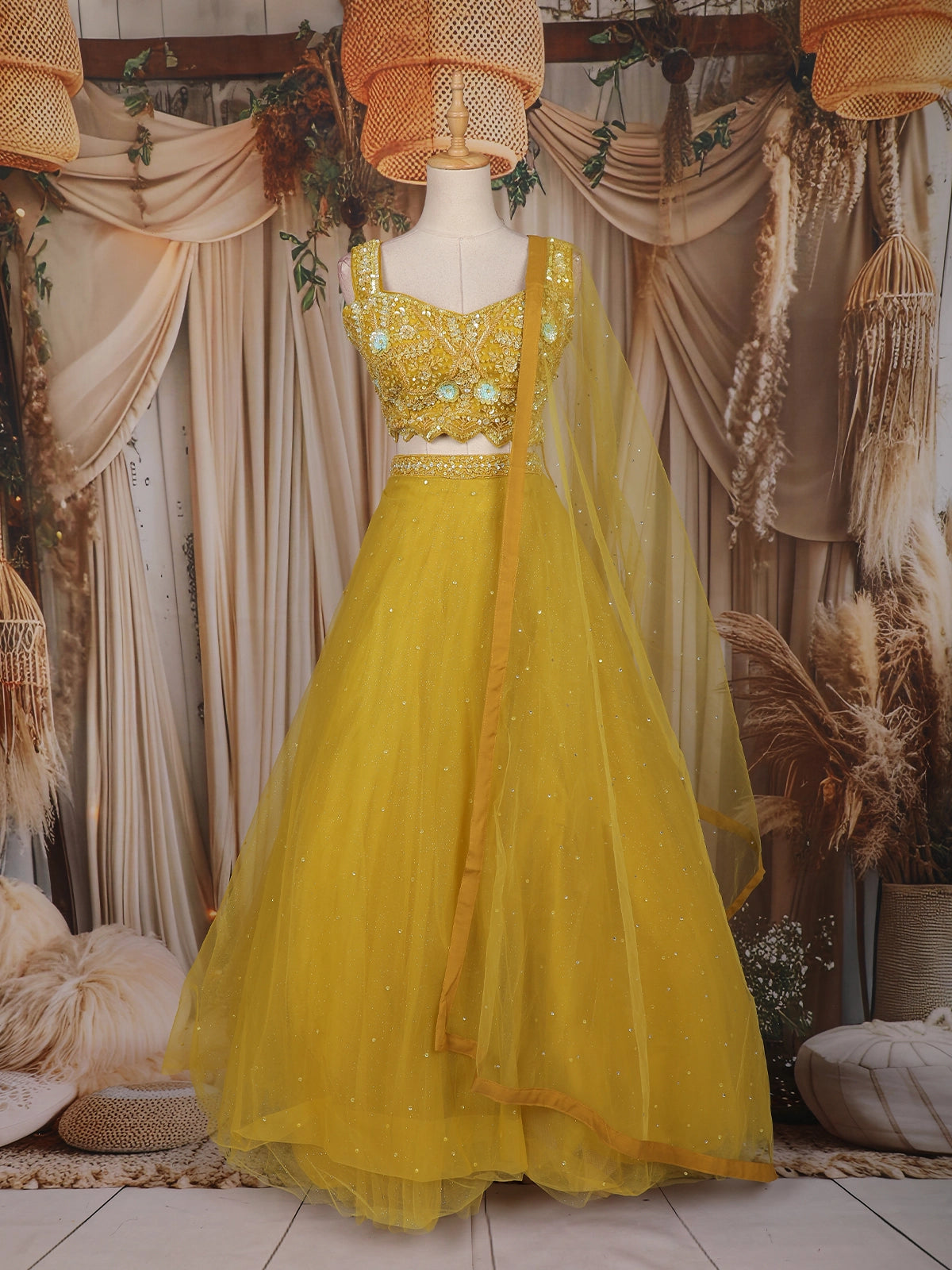 Mustard Yellow Sequin Embroidered Design Net Lehenga with Dupatta