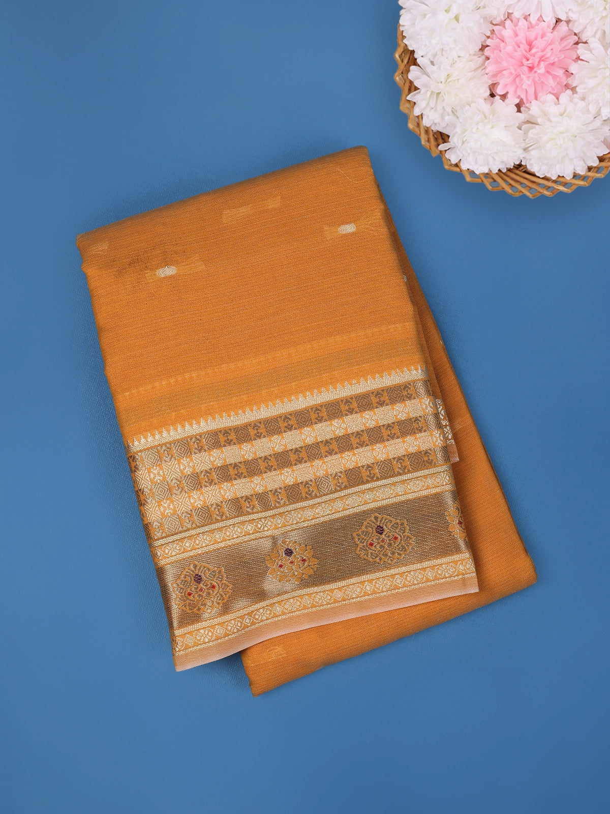 Mustard Yellow Solid Design Fancy Cotton Saree