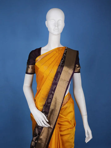 Mustard Yellow Solid Design Gold Zari Woven Soft Silk Saree - Diadem