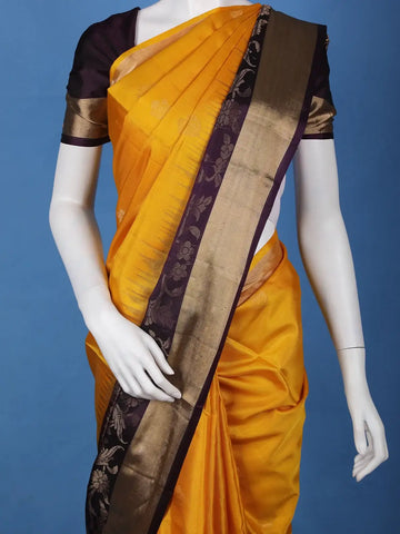 Mustard Yellow Solid Design Gold Zari Woven Soft Silk Saree - Diadem