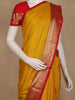 Mustard Yellow Stripes Woven Semi Silk Saree With Contrast Red Zari Border