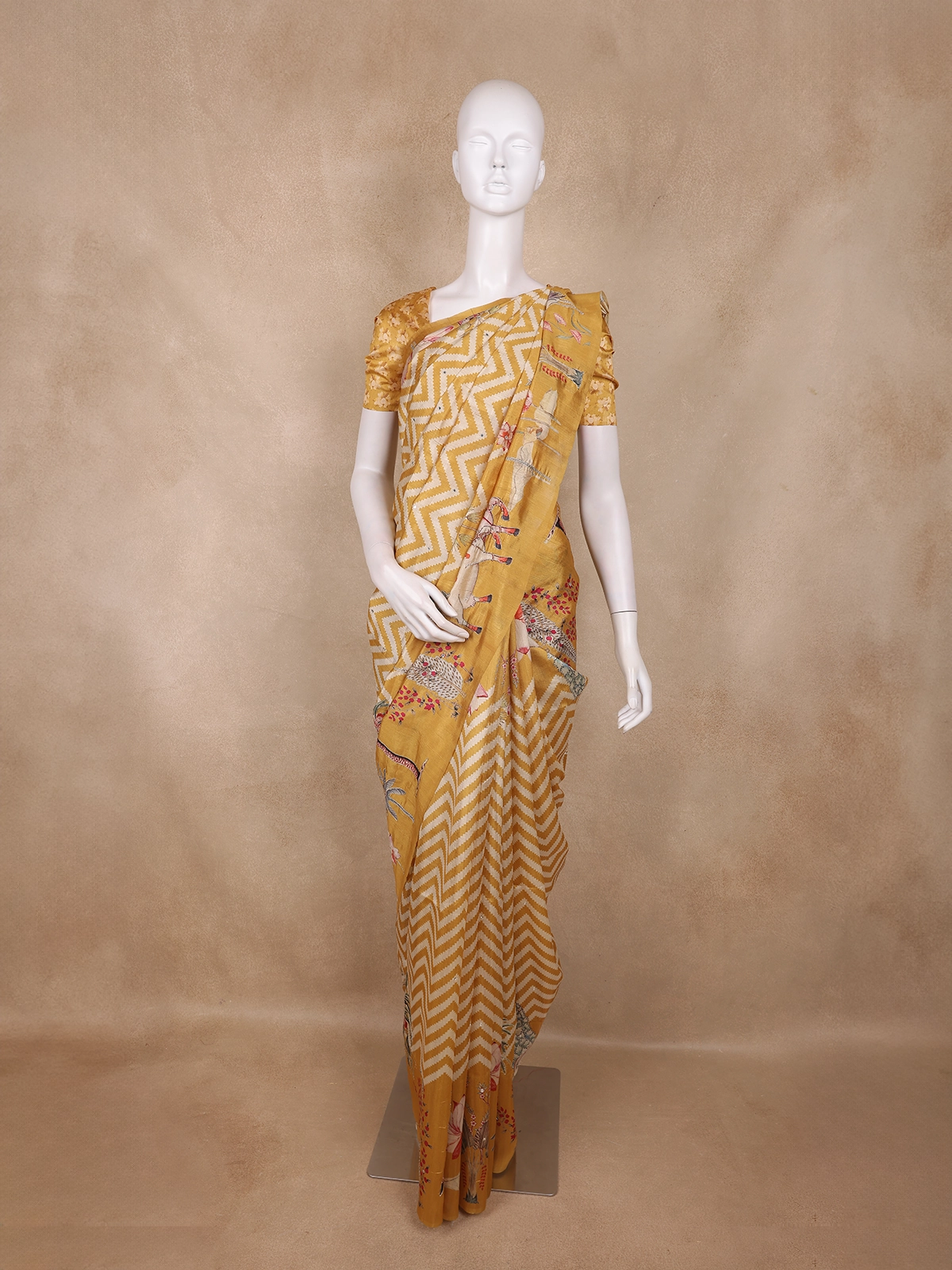 Mustard Yellow Zigzag Printed Design Semi Tussar Saree with Floral and Bird Pattern Pallu