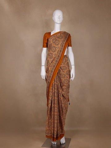 Mustard Ajrakh Print Mul Mul Cotton Saree - Diadem