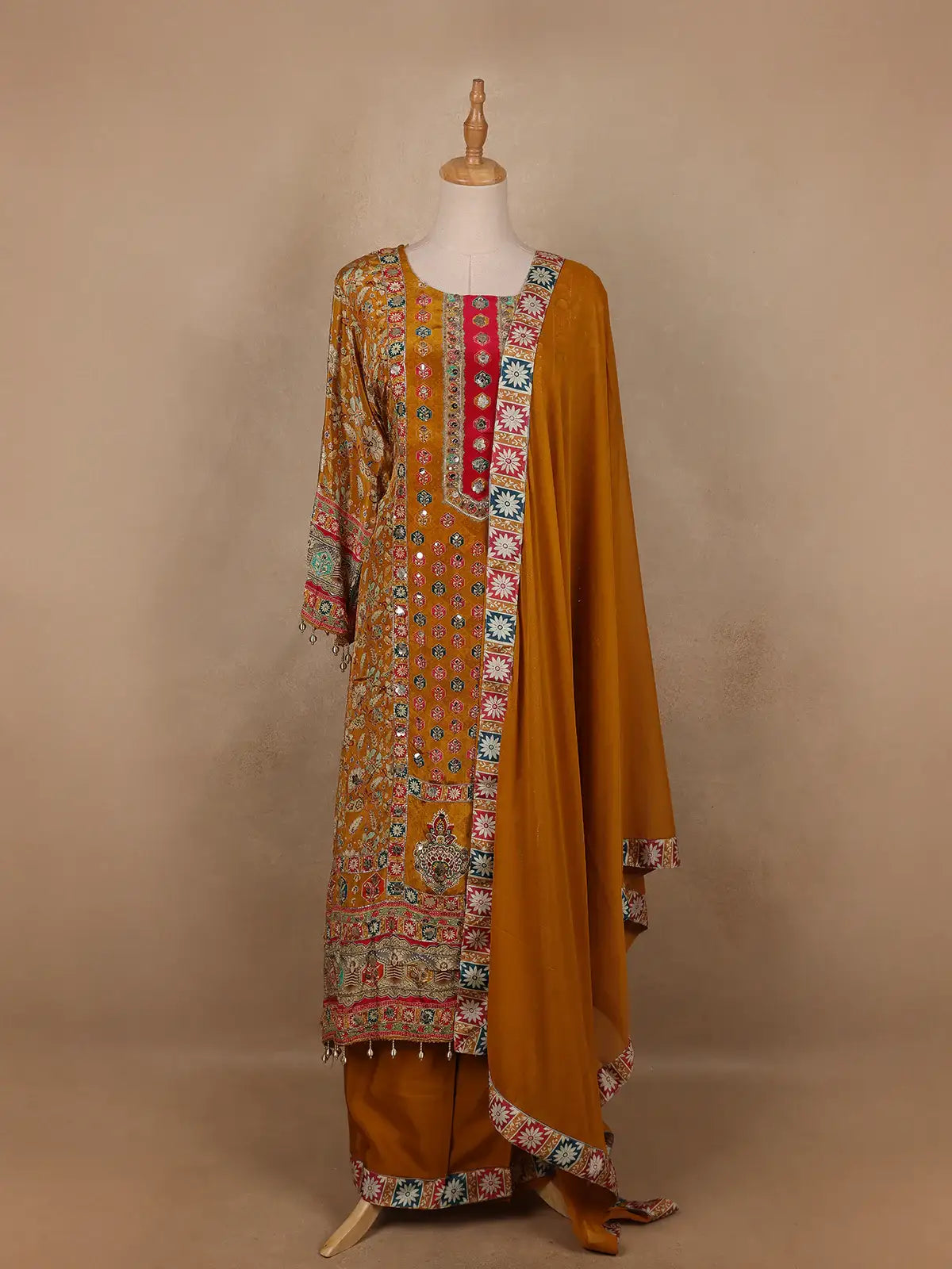 Mustard Yellow Floral Designed Semi Silk Salwar Suit - Diadem