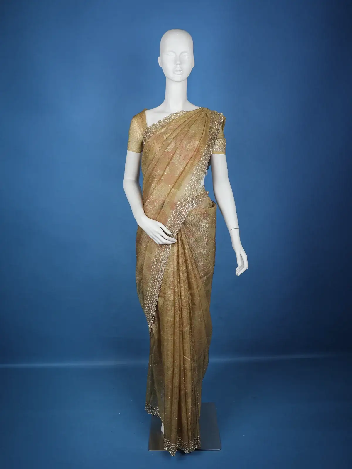 Mustard Green Floral And Sequins Organza Designer Saree - Diadem