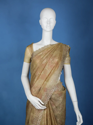 Mustard Green Floral And Sequins Organza Designer Saree - Diadem