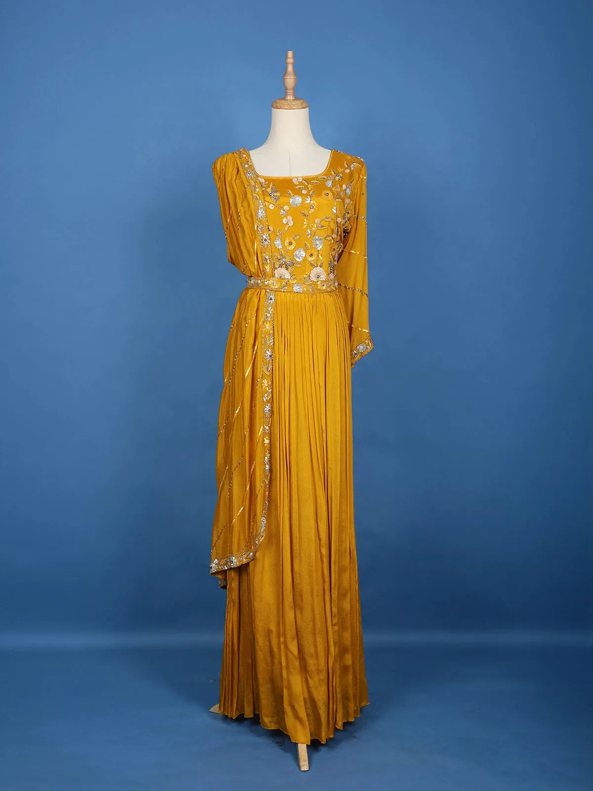 Mustard Yellow Floral Design And Sequins Embroidery Crepe Kurtis - Diadem