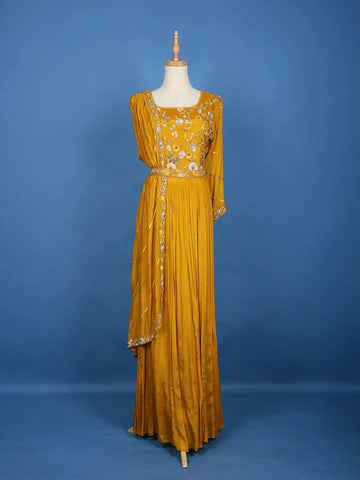 Mustard Yellow Floral Design And Sequins Embroidery Crepe Kurtis - Diadem