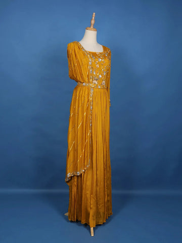 Mustard Yellow Floral Design And Sequins Embroidery Crepe Kurtis - Diadem