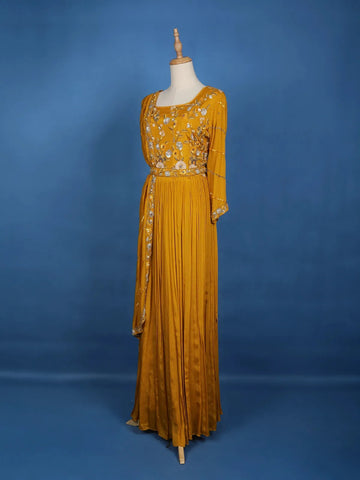 Mustard Yellow Floral Design And Sequins Embroidery Crepe Kurtis - Diadem