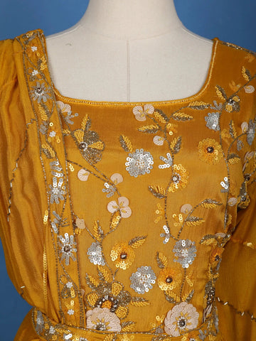 Mustard Yellow Floral Design And Sequins Embroidery Crepe Kurtis - Diadem