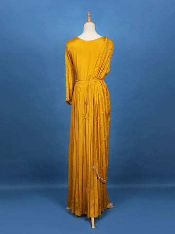 Mustard Yellow Floral Design And Sequins Embroidery Crepe Kurtis - Diadem