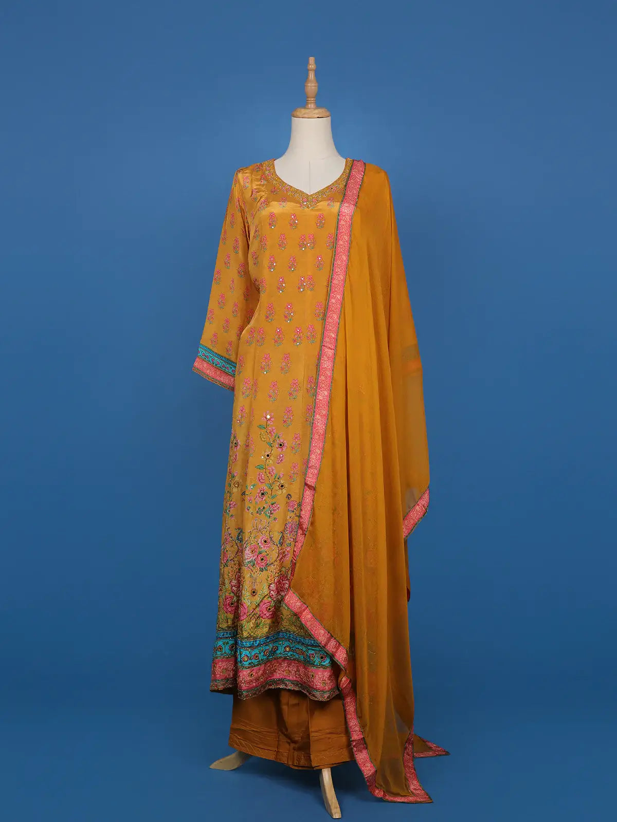 Mustard Yellow Floral Design Cotton Salwar Suit - Diadem