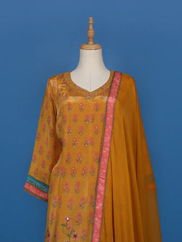Mustard Yellow Floral Design Cotton Salwar Suit - Diadem
