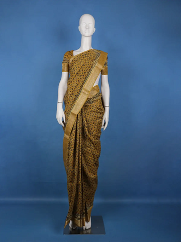 Mustard Yellow Floral Printed Chandheri Cotton Saree - Diadem
