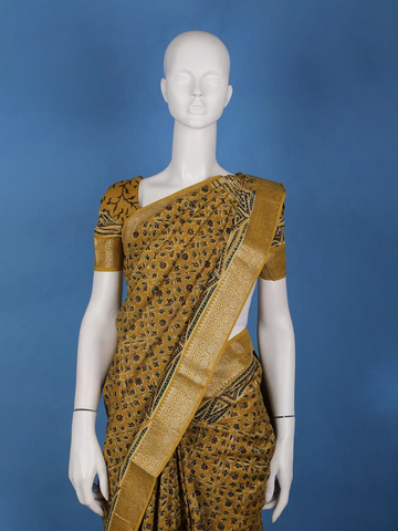 Mustard Yellow Floral Printed Chandheri Cotton Saree - Diadem