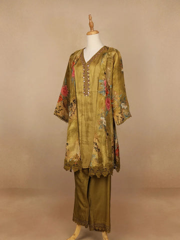 Mustard Yellow Floral Designed Tissue Silk Salwar Suit - Diadem