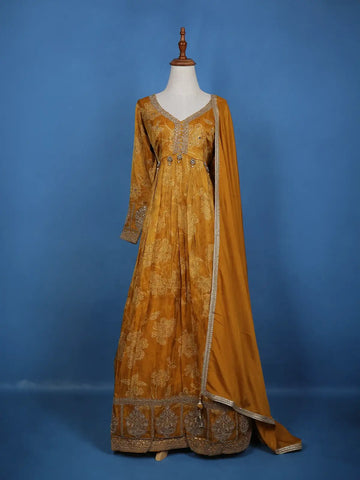 Mustard Yellow Floral Motif Bead And Printed Georgette Gown - Diadem