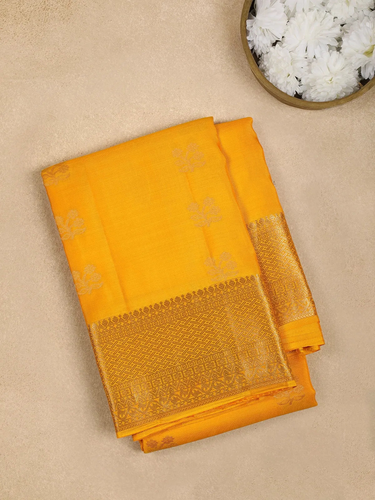 Mustard Yellow Floral Motif Pure Kanchipuram Silk Saree - Diadem