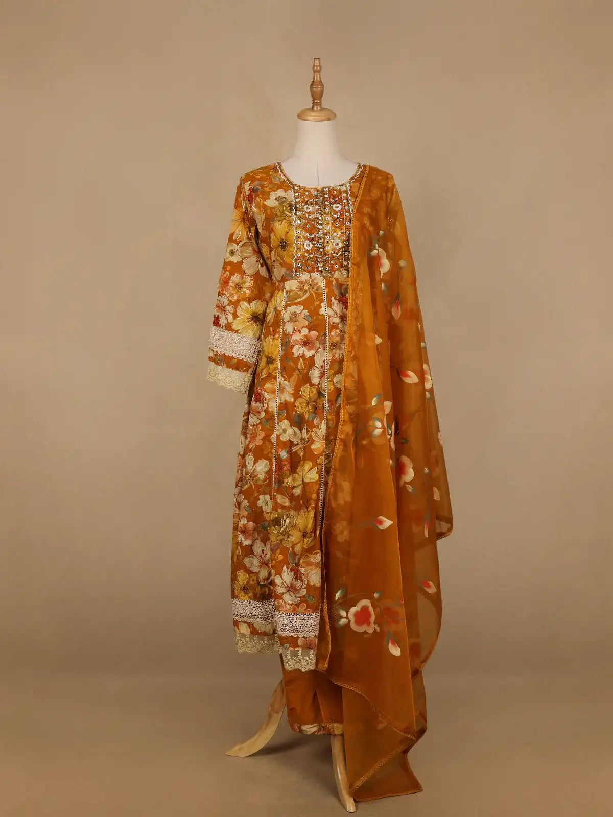 Mustard Yellow Floral Prints Cotton Straight Cut Salwar Suit - Diadem