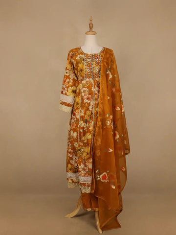 Mustard Yellow Floral Prints Cotton Straight Cut Salwar Suit - Diadem