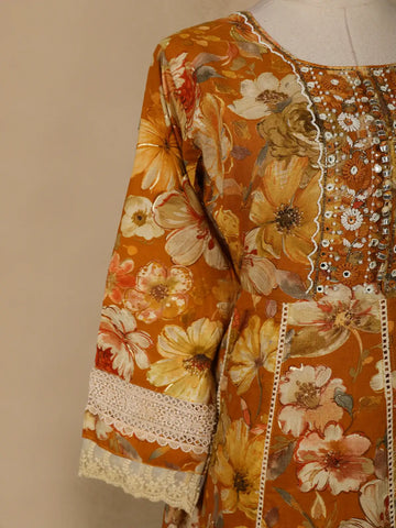 Mustard Yellow Floral Prints Cotton Straight Cut Salwar Suit - Diadem