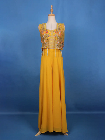 Mustard Yellow Floral Sequins Embroidery Palazzo Suit - Diadem