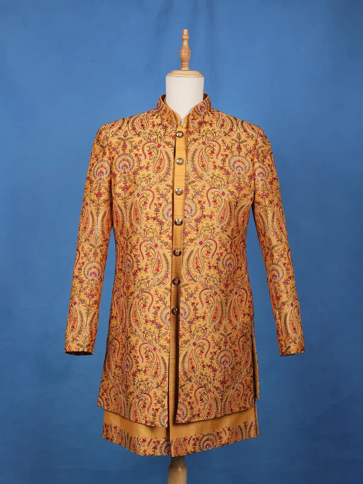 Mustard Yellow Paisley & Floral Multicolor Embroidered Jacquard Sherwani Suit - Diadem