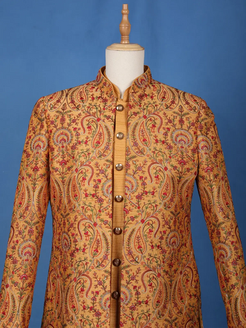 Mustard Yellow Paisley & Floral Multicolor Embroidered Jacquard Sherwani Suit - Diadem