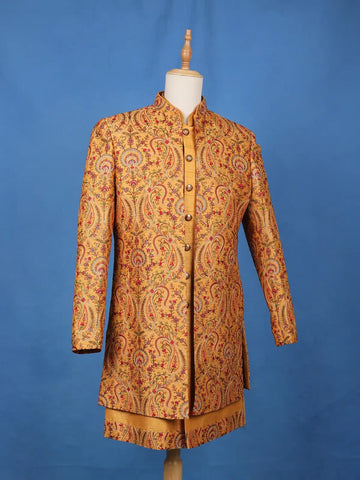 Mustard Yellow Paisley & Floral Multicolor Embroidered Jacquard Sherwani Suit - Diadem