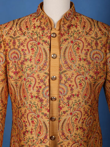 Mustard Yellow Paisley & Floral Multicolor Embroidered Jacquard Sherwani Suit - Diadem