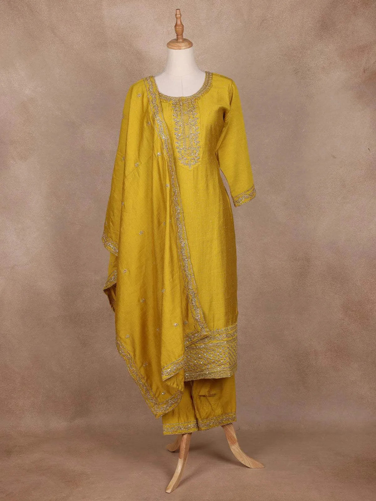 Mustard Yellow Semi Silk Embroidery Salwar Suit - Diadem