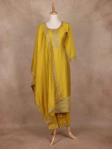 Mustard Yellow Semi Silk Embroidery Salwar Suit - Diadem