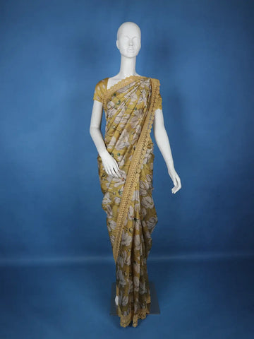 Mustard yellow Floral Designed Semi Tussar Saree - Diadem