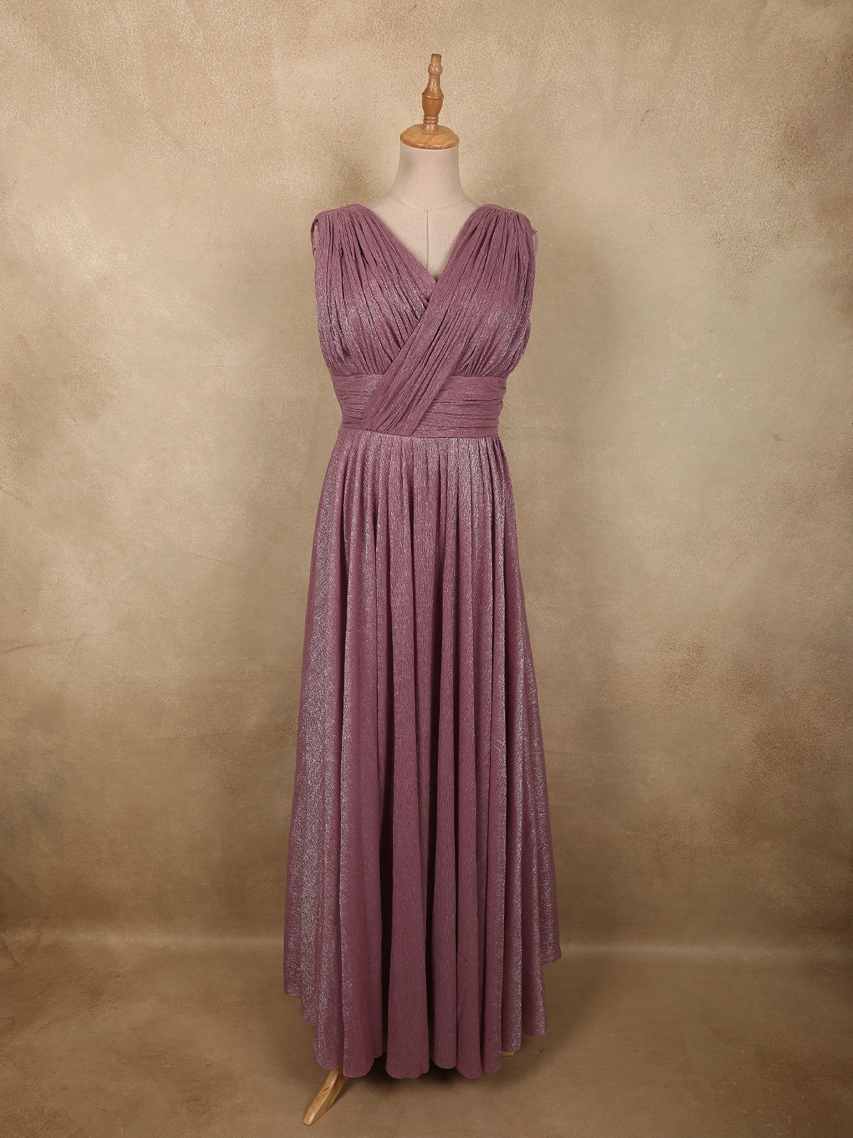 strapless open back dress Muted Dusty Mauve Solid Design Shimmer Pleated Party Wear Gown