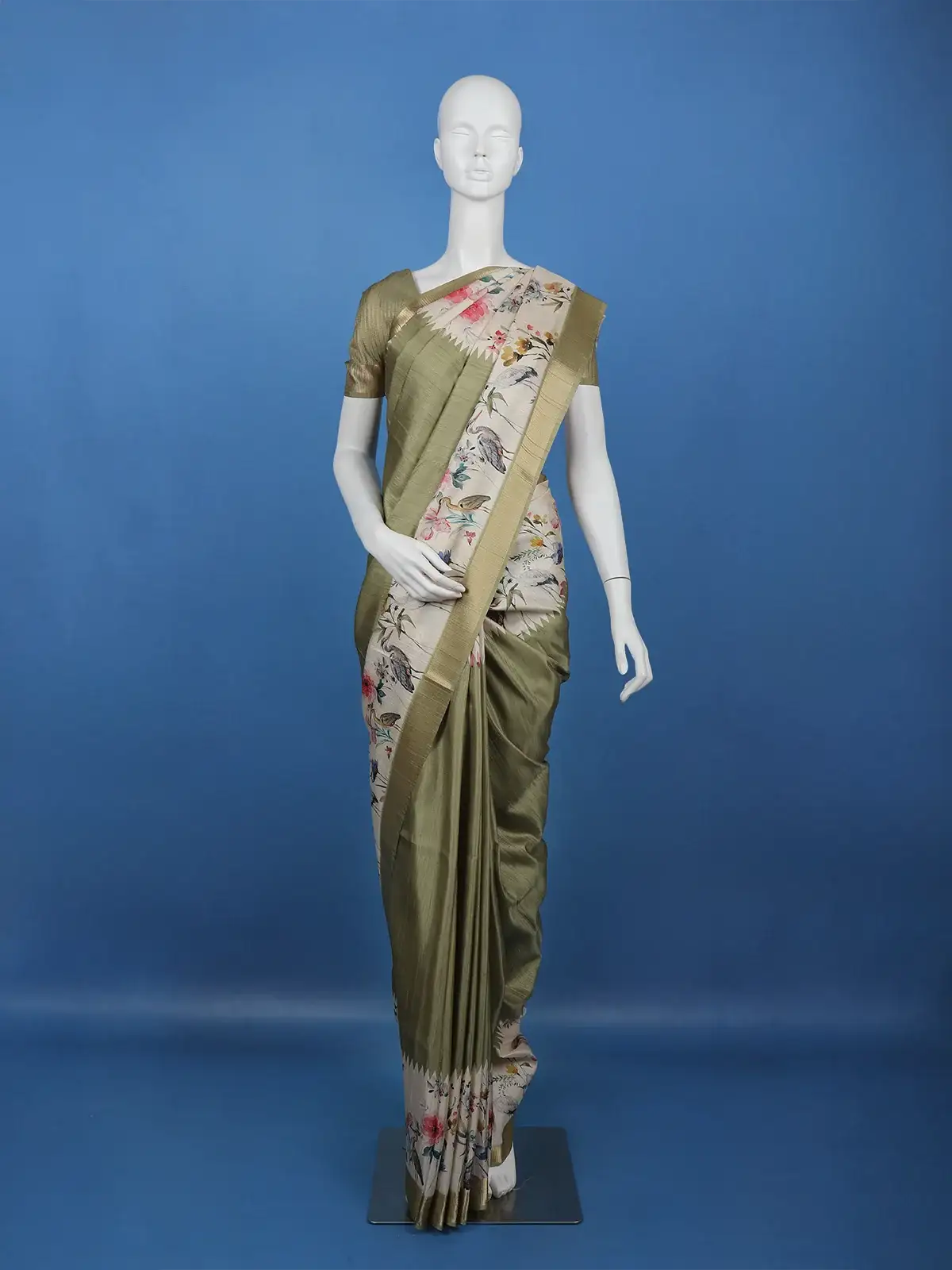 Muted Olive Green Solid Design Tussar Silk Saree - Diadem